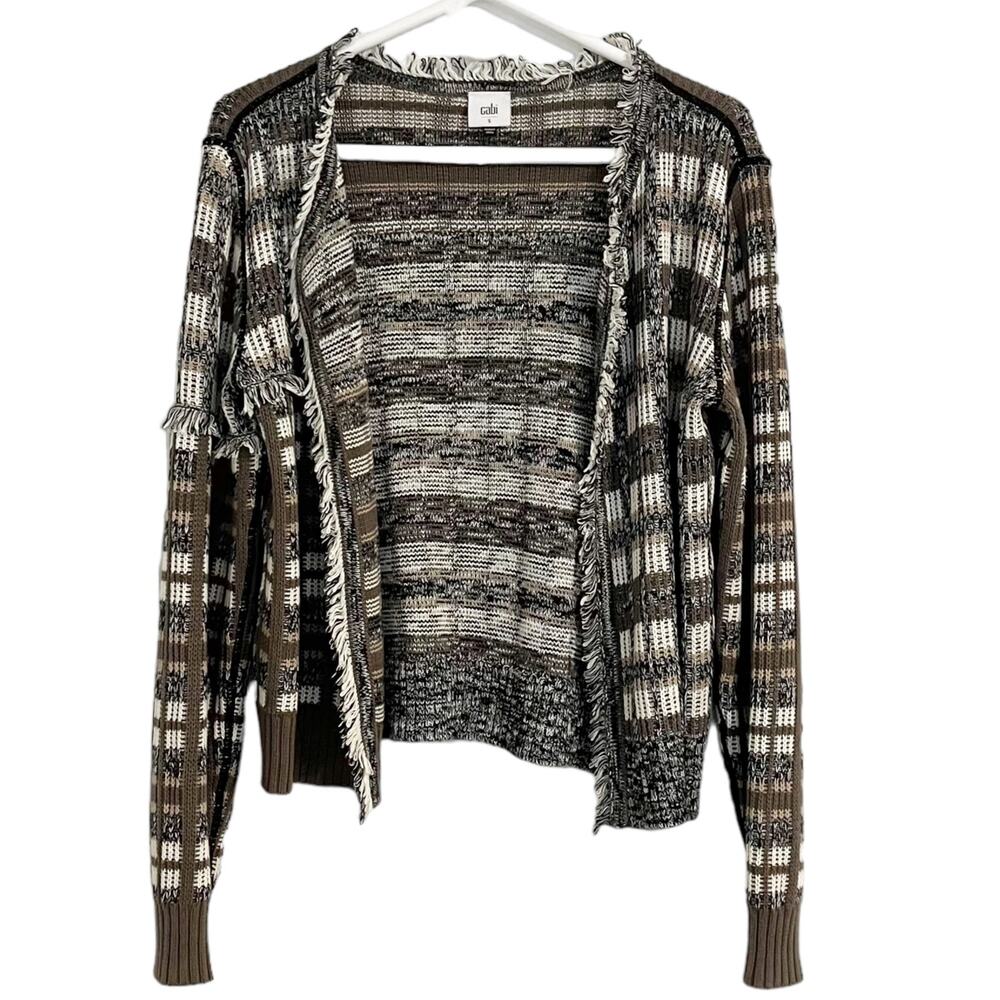 Cabi Classic Cardigan Open Front Fringe Striped Size Small